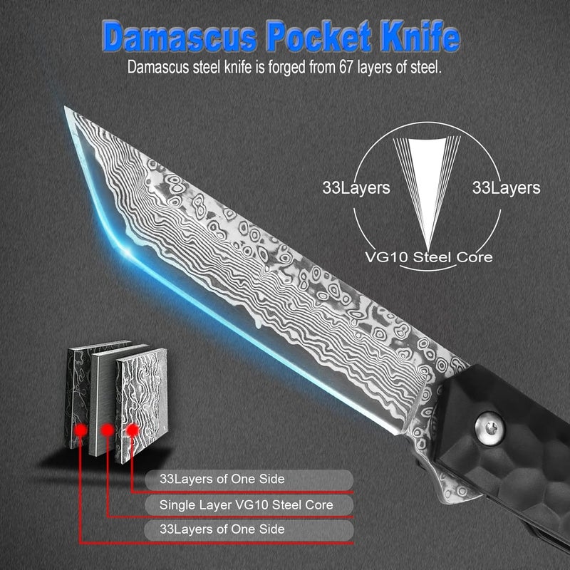 AUBEY Damascus Pocket Knife, Tanto VG10 Core Damascus Steel Folding Knives with Ball Bearing, Aluminum Alloy Non-Slip Handle and Glass Breaker, EDC Damascus Knife for Men Women (Black) - Image 2